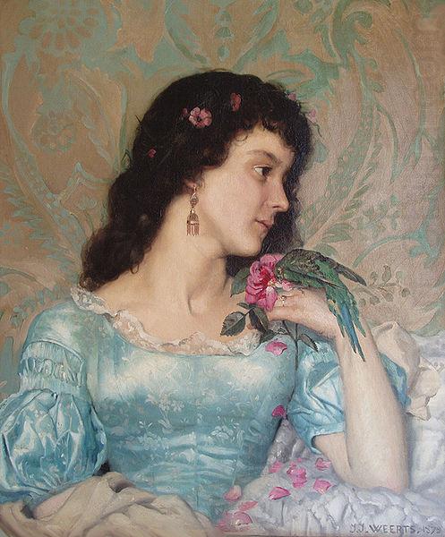 Beautiful pensive portrait of a young woman with a bird and flower, Weerts Jean Joseph